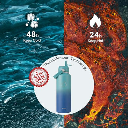 BUZIO 24 oz Insulated Water Bottle, Stainless Steel Wide Mouth Water Flask with Straw Lid, Cold for 48 Hrs Leak Proof Metal Hydro Thermo Canteen Mug, Gradient Cyan - color: Gradient Cyan, size: 24 Ounces