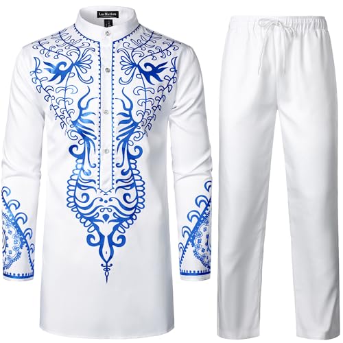 LucMatton Men's African Attire 2 Piece Set Shirt and Pants - color: White Royal Blue, size: Medium