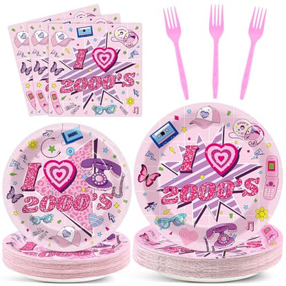 Qyeahkj 100Pcs 2000s Y2K Pink Decorations Party Supplies 90s Plates Napkins Disposable 1990s Tableware Dinnerware Birthday for 90's Kids Bachelorette Favor - style: Pink Y2K