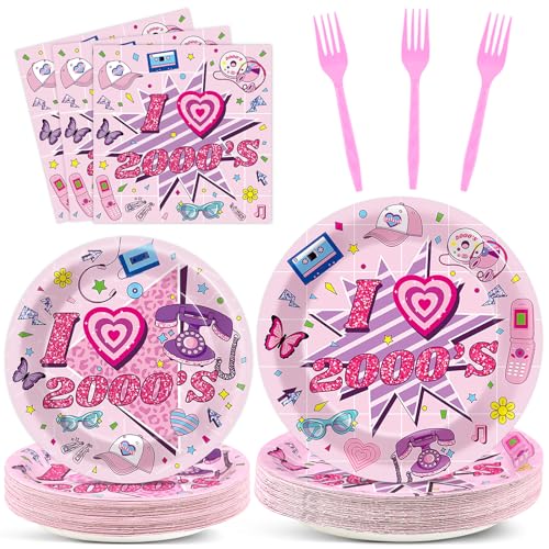 Qyeahkj 100Pcs 2000s Y2K Pink Decorations Party Supplies 90s Plates Napkins Disposable 1990s Tableware Dinnerware Birthday for 90's Kids Bachelorette Favor - style: Pink Y2K
