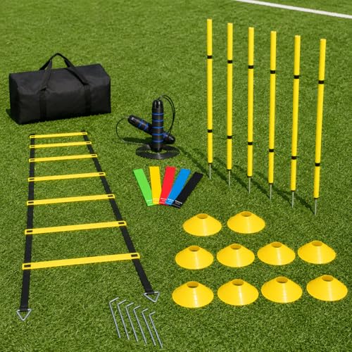 Exercise Sets for Women, 6-Piece Agility Ladder & 10 Cones, 5 Resistance Bands, Speed Rope, Ground Stakes, Carry