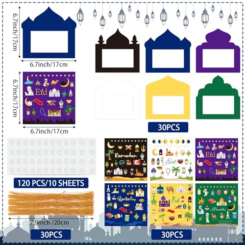 NOVWANG 30 Pack Ramadan DIY Picture Frame, Mosque Picture Frame Craft Hanging Ornaments with 30 Sheets Eid Mubarak Stickers for Eid Al Fitr Party Class Activities - color: Multicolour - Eid Style