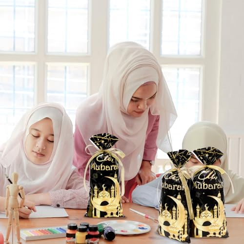 Whaline 100 Pcs Eid Mubarak Cellophane Treat Bags with Ribbon Ramadan Plastic Gift Bags Black Gold Candy Goodie Bags for Islamic Holiday Birthday Party Supplies - color: Black Gold