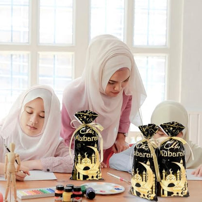 Whaline 100 Pcs Eid Mubarak Cellophane Treat Bags with Ribbon Ramadan Plastic Gift Bags Black Gold Candy Goodie Bags for Islamic Holiday Birthday Party Supplies - color: Black Gold