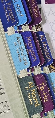 Al Bayan Quran Tabs - 114 Surah + 6 Blank +30 Juz Tabs - Premium Vinyl with Gold Foil Lettering - Laminated Quran Indexing System with Alignment Guide (Vibrant - English) - color: Vibrant - English