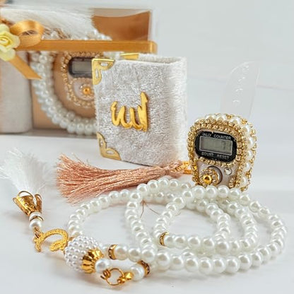 BABY SHOWER CHOCOLATE Islamic Gift Set (Pack of 6) - Digital Tasbih Counter, Mini Quran and Prayer Beads in Elegant Gift Box - Muslim Gift for All Occasions (White)
