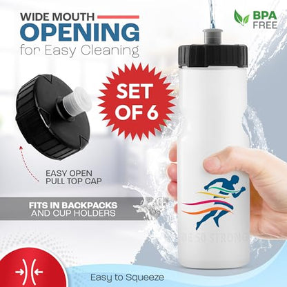 50 Strong Sports Water Bottles – Reusable 22 oz BPA-Free Plastic Bottles with Pull Top Cap – Made in USA – Top Rack Dishwasher Safe – Fits Most Bike Cages Brand - color: Custom, style: 6 Pack