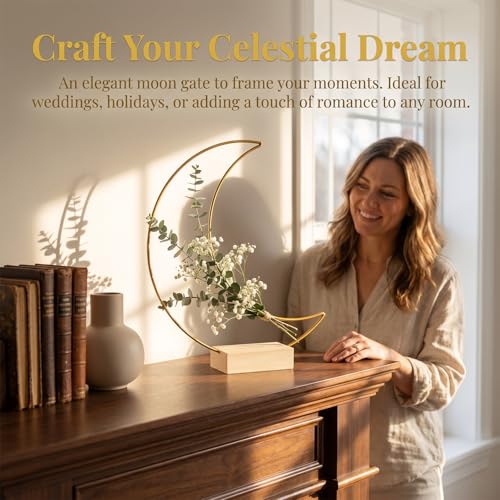 6pcs Wedding Decoration Table Hoop Party Centerpieces with Wood Base Moon Shape Metal Hoop Centerpiece Elegant Moon Metal Hoop Sturdy Golden Hoop Centerpieces Wreath Ring Stand