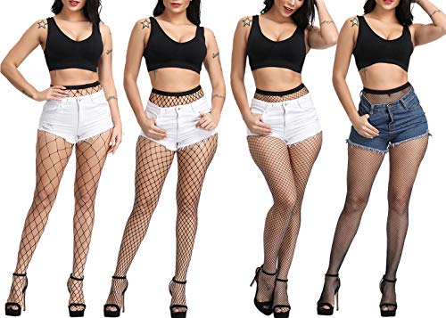 E-Laurels Womens High Waist Patterned Fishnet Tights Suspenders Pantyhose Thigh High Stockings Black - color: Black 4 Pairs