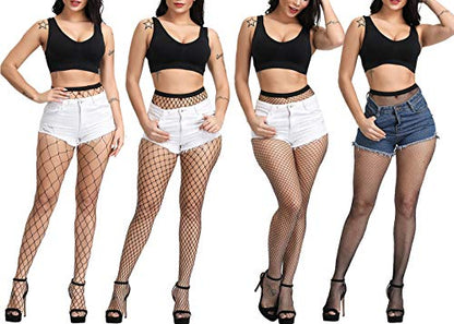 E-Laurels Womens High Waist Patterned Fishnet Tights Suspenders Pantyhose Thigh High Stockings Black - color: Black 4 Pairs