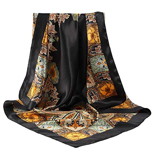 AWAYTR 35” Large Satin Square Head Scarf - 2Pcs Silk Like Floral Head Scarves Square Satin Hair Scarf Bandanas for Women - color: Cashew(black/Beige)