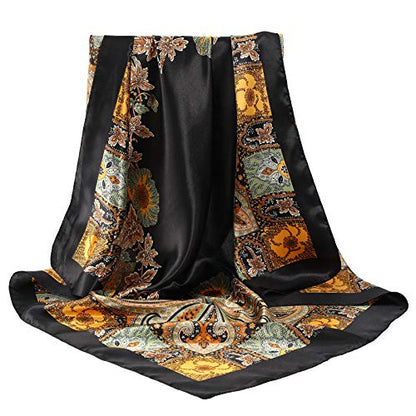 AWAYTR 35” Large Satin Square Head Scarf - 2Pcs Silk Like Floral Head Scarves Square Satin Hair Scarf Bandanas for Women - color: Cashew(black/Beige)