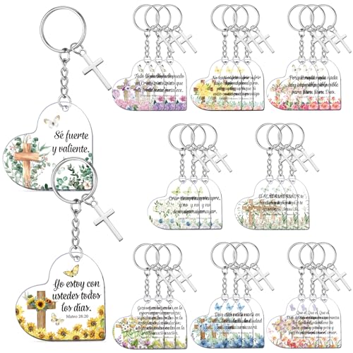 Sureio 30 Pcs Spanish Christian Keychain Gift Bulk Women Religious Cross Inspirational Bible Verse Acrylic Keychains Llaveros Cristianos En Español for Church Member Teacher Student (Cute Heart) - style: Cute Heart