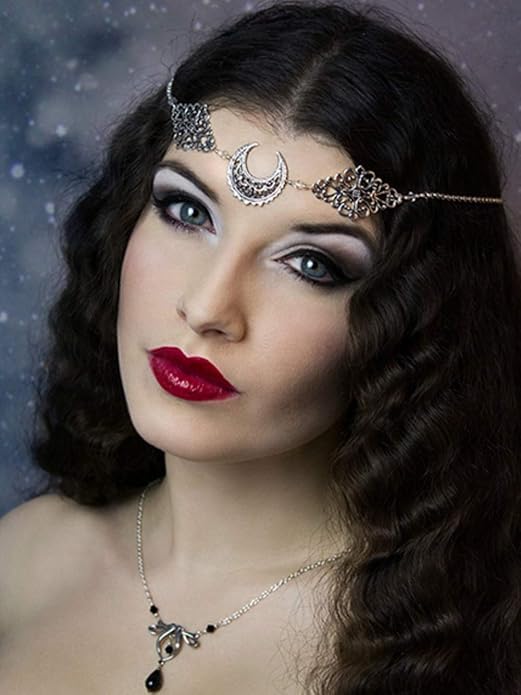 Doubnine Crescent Moon Boho Head Chain Pendant Gothic Forehead Headpiece Headband Retro Hair Accessories Wedding Head Dress for Women Bride Women Girls - color: black beads