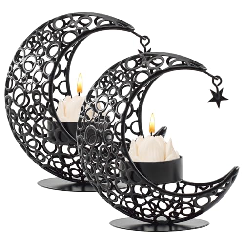 Moon Candle Holders Set of 2, Metal Tealight Candle Holder for Table Centerpiece Decorative Votive Candlesticks Holder for Party Home Decor (Black) - color: Black