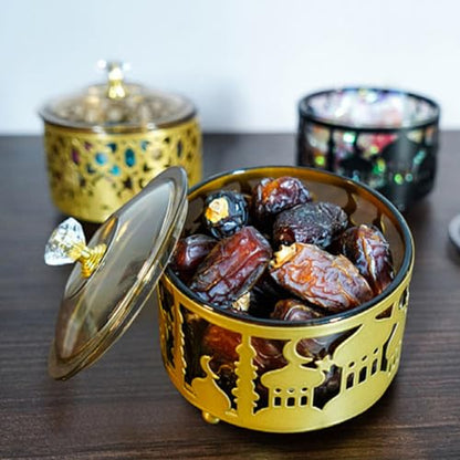 Amosfun Ramadan Tray with Lid: 2pcs Metal Gold Eid Mubarak Tray Ramadan Food Container Plate Candy Dish Cookie Trinket Box for Serving Eid Party Activity