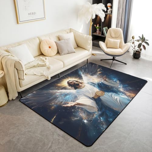 Manfei God Faith Kids Area Rug,Prayer-Inspired Western Bible Verse Indoor Floor Mat Entrance Rug for Girls Boys,Starry Sky Galaxy Mysterious Non Slip Rug,Blue Couch Living Room Decor,3'x5' - color: Blue, size: 3'3" x 4'11" (Rectangular)