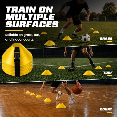 American Challenge Large Disc Cones – Set of 6 Agility Cones for Sports Training – Compact Soccer Cones with Carry Strap for Drills & Practice - color: Yellow