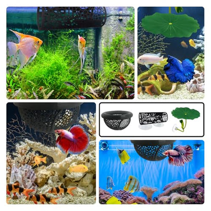 3-Piece Set Fish Tank Decor, Large Black and Small Black Decorations with Lotus, Betta Fish Toys for Aquarium, Beta Hammock for Fish Tank
