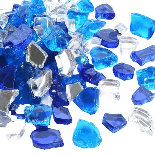 Reflective Fire Glass,Crushed Fire Glass Rocks | Glass Rocks for Fire Pit Table,Fireplace 1/2 Inch Outdoors and Indoors 10 Pounds（Caribbean Blue+Cobalt+Transparent Crystal） - color: Caribbean Blue+Cobalt+Transparent Crystal,1/2 Inch, size: 10 Pounds
