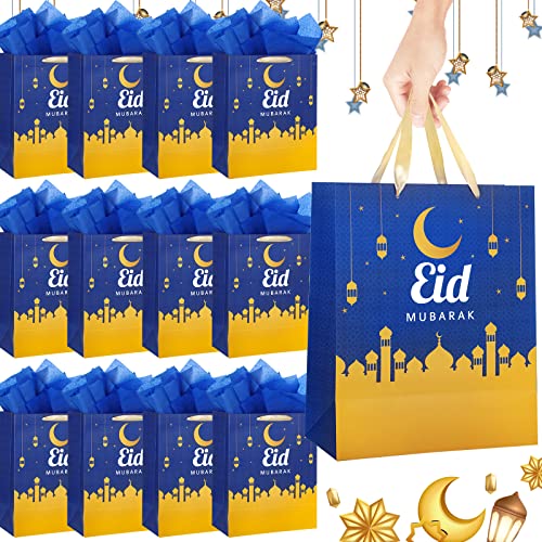 Crtiin 12 Pack Eid Mubarak Gift Bags with Handle 13" Large Paper Eid Gift Bags with Tissue Paper Eid Mubarak Bags Ramadan Gift Bags Eid Goodie Bags Muslim Ramadan Gift Bags for Eid Party Supplies
