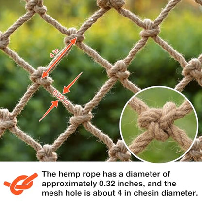 Hemp Rope Net (4ftx8ft) Heavy Duty Natural Jute Rope Net Climbing Safety Rope Netting Balcony Stairs Fence Garden Playground Protection Net Indoor & Outdoor Decor Rope Net - size: 4ftx8ft