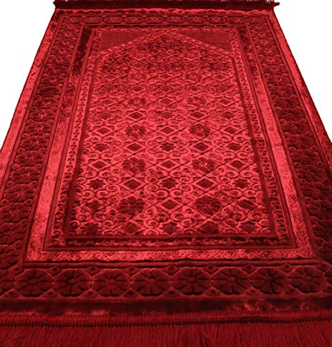 Modefa Velvet Prayer Rug - Soft Plush Turkish Janamaz Sajada Carpet for Men and Women - Plain Solid Prayer Mat Ramadan Eid Gift - with Prayer Beads - Luxury Floral Stamp (Red) - color: Red