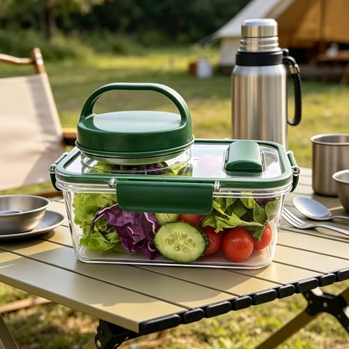 Salad Jar, Portable Salad Container with Leakproof 4 Sauce Cups and Utensil Storage for Lunch Picnic Family Gatherings (Rectangle)