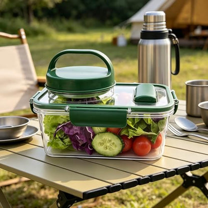 Salad Jar, Portable Salad Container with Leakproof 4 Sauce Cups and Utensil Storage for Lunch Picnic Family Gatherings (Rectangle)