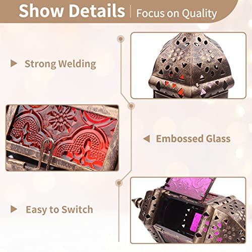6 Pcs Hanging Hexagon Decorative Moroccan Candle Lantern Holders, Handmade Hanging Tea Light Holder in Bronze Metal & Red & Purple Glass Gift & Decor Items | Hexagon Metal Frames, Red & Purple & Yellow Glass Panels, Handmade Look, for Weddings, Parties, D