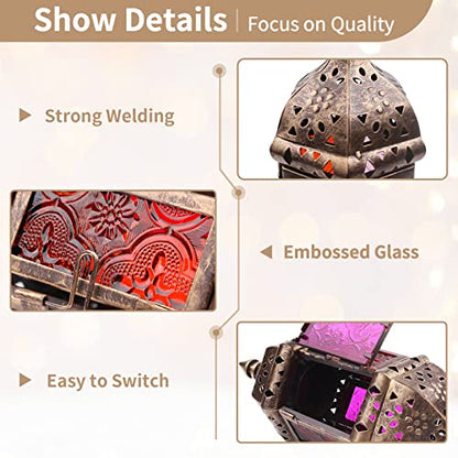 6 Pcs Hanging Hexagon Decorative Moroccan Candle Lantern Holders, Handmade Hanging Tea Light Holder in Bronze Metal & Red & Purple Glass Gift & Decor Items | Hexagon Metal Frames, Red & Purple & Yellow Glass Panels, Handmade Look, for Weddings, Parties, D