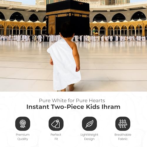 Kids Ihram Set for Hajj and Umrah with Elastic Waist and Soft Microfiber Towel Fabric – 2 Pc White Ihram Clothing for Boys 0 to 4 Years Lightweight Breathable Travel Friendly Muslim Pilgrimage Dress - color: Kids Ihram Set