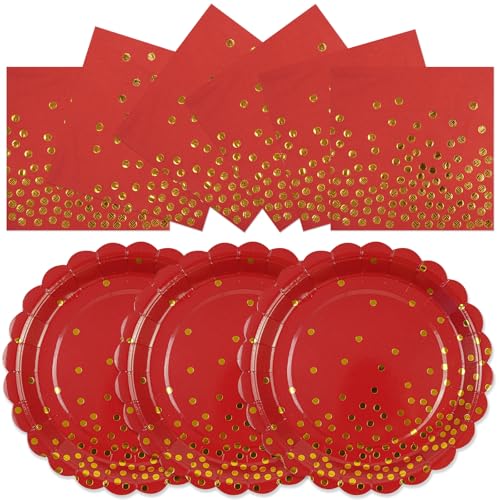 50PCS Red Paper Plates and Napkins Set - Red and Gold Dot Disposable Party Plates Dinnerware Party Supplies Decorations for Birthdays, Christmas, Engagement and Weddings - color: Red Dot