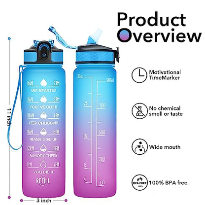 Hyeta Water Bottle with Straw & Time Marker, Plastic 32oz Leakproof | Motivational Tritan BPA Free Gym Office Outdoor Intake Tracker Hourly Reminder Straw Lid Carry Strap - color: Starsky