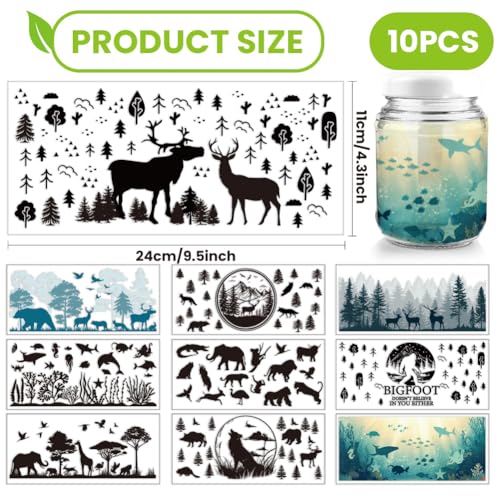arricraft 10 Sheets Animal Silhouettes UV DTF Cup Wrap, Deer Woof Ocean Fishes Rub on Decals Forest Bird Waterproof PVC Transfer Stickers for DIY 16OZ Glass Cups - style: Forest sea Animal