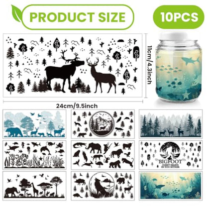 arricraft 10 Sheets Animal Silhouettes UV DTF Cup Wrap, Deer Woof Ocean Fishes Rub on Decals Forest Bird Waterproof PVC Transfer Stickers for DIY 16OZ Glass Cups - style: Forest sea Animal