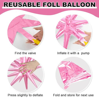 9Pcs Pink Iridescent Star Balloons, Spike Foil Balloons Girls Party Decor - color: Iridescent + Light Pink