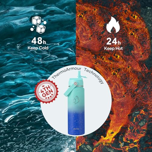 BUZIO 24 oz Insulated Water Bottle, Stainless Steel Wide Mouth Water Flask with Straw Lid, Cold for 48 Hrs Leak Proof Metal Hydro Thermo Canteen Mug, Starry Gradient Blue - color: Starry Gradient Blue, size: 24 Ounces