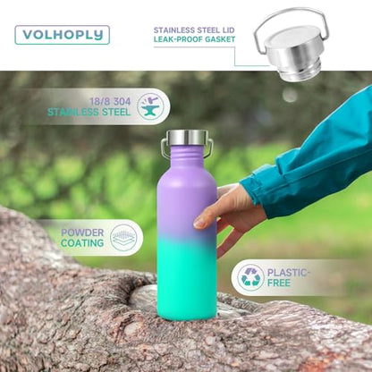 Volhoply 32oz Uninsulated Single Walled Water Bottle, Stainless Steel Sports Water Bottles with Handle, BPA Free Lightweight Water Bottles for Hiking, Biking, Running（Purple Green,1） - color: Purple Green