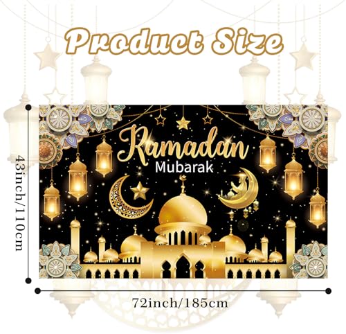Eid Mubarak Backdrop Banner, Black and Gold Ramadan Mubarak Background Banner, Glittering Lantern Moon Star Night Backdrop for Wall Photo Background Home Muslim Eid Mubaraks Party Decorations Supplies