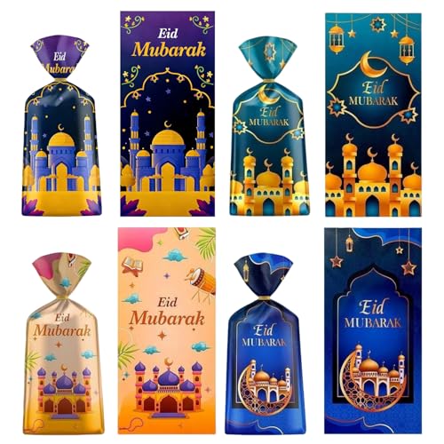 100 Pcs Eid Mubarak Cellophane Bags 4 Styles Ramadan Cello Bag Moon Star Castle Candy Bags with Twist Ties Multi-Color Treat Gift Bag for Goodies Ramadan Festival Party Favor