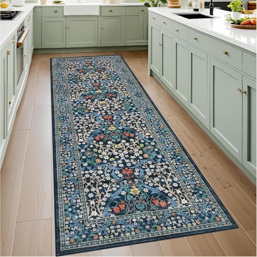 GarveeHome Kitchen 2x6 Runner Rug, Floral Washable Rugs for Hallways Non Slip Stain Resistant, Boho Soft Rug Botanical Carpet for Entryway, Laundry Room, Bedroom Floor Mat, Dark Blue - color: B.blue, size: 2' x 6' (Runner)