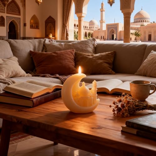 Mosque Architecture Shaped Scented Candle,White Carved Islamic Religious Theme Candle with Crescent Design,Smokeless Vanilla for Ramadan Spiritual Décor & Gift Giving (White-Moon) - color: White-Moon
