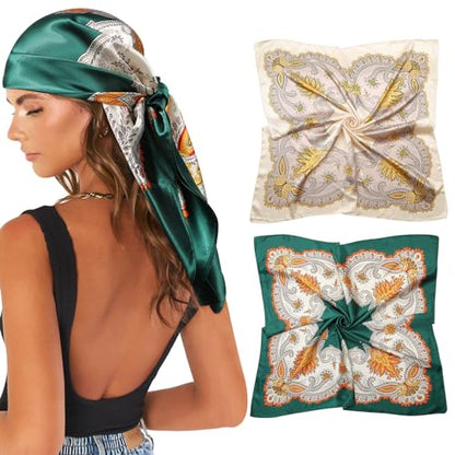 AWAYTR 35” Large Satin Square Head Scarf - 2Pcs Silk Like Floral Head Scarves Square Satin Hair Scarf Bandanas for Women - color: Paisley(green/Apricot)