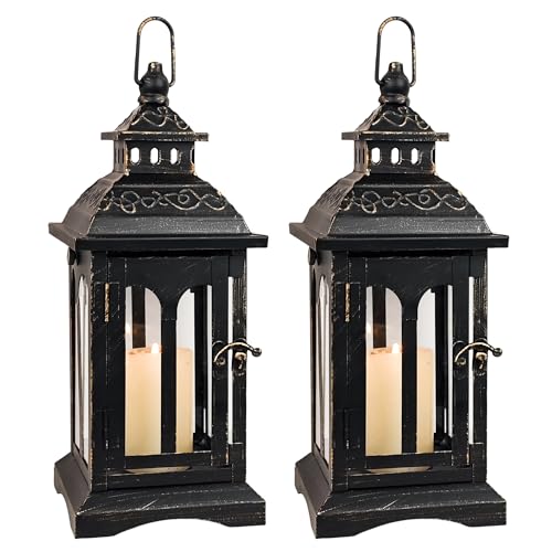 Candle Lantern Decorative Indoor & Outdoor, 2 PCS Christmas Vintage Metal Hanging Lanterns Decor for Front Porch Home Patio Wedding Party, Halloween Decorations (Black with Copper Brush) - color: Black ||| / 2pcs