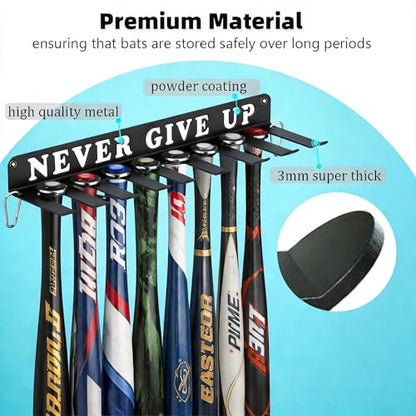 Baseball Softball Bat Holder Wall Mount Storage Rack Metal Hanger Home Field Organizer Equipment Sports Hook Hanging Holds 14 Bats Carabiners Included Never Give UP - style: NEVER