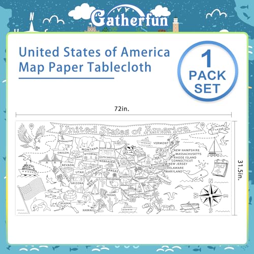 Gatherfun USA 컬러링 액티비티 - 대형 80.9 x 182.9cm(31.5 x 72인치) 교육용 포스터 - 학교 이벤트 및 생일 파티에 이상적, 교실 벽 장식 또는 테이블 커버로 다용도 - style: SA MAP