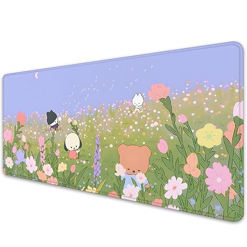 Flower Desk Pad Mouse Pad，Large Cartoon Cute Mouse Pads with Stitched Edges,Non-Slip Waterproof Rubber Base,Kawaii Nature Desk Mat for Desktop,Keyboard Pad for Office Home Work(27.5X11.8 in) - color: Bear and Flower