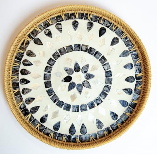 Magenta & Teal Round Rattan Serving Tray with Mother of Pearl Inlay, Wicker Coffee Table Decor, Farmhouse Style (Blue Tan Star) - color: Blue Tan Star