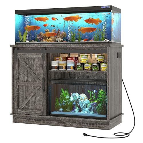 Hlivelood Farmhouse 30-40 Gallon Fish Tank Stand with Power Outlet, Aquarium Stand w/Cabinet&Sliding Barn Door, Heavy Duty Reptile Tank Stand for Fish/Turtle/Reptile Terrarium, 1000LB Capacity, Grey - color: Grey, size: 30-40 Gallon